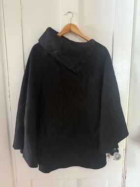 Women's Black Asymmetric Button-Detail Cape Coat